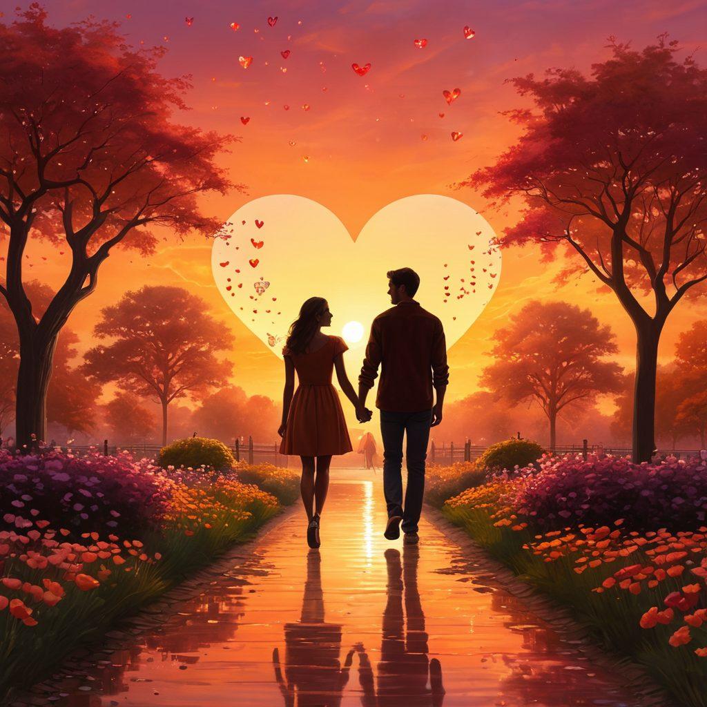 A couple walking hand in hand through a vibrant sunset, surrounded by glowing hearts and whispers of romantic words floating in the air. In the background, silhouettes of a park with blooming flowers symbolize growth and connection. Soft light and warm colors create an inviting atmosphere, suggesting warmth and intimacy. super-realistic. vibrant colors. warm tones.