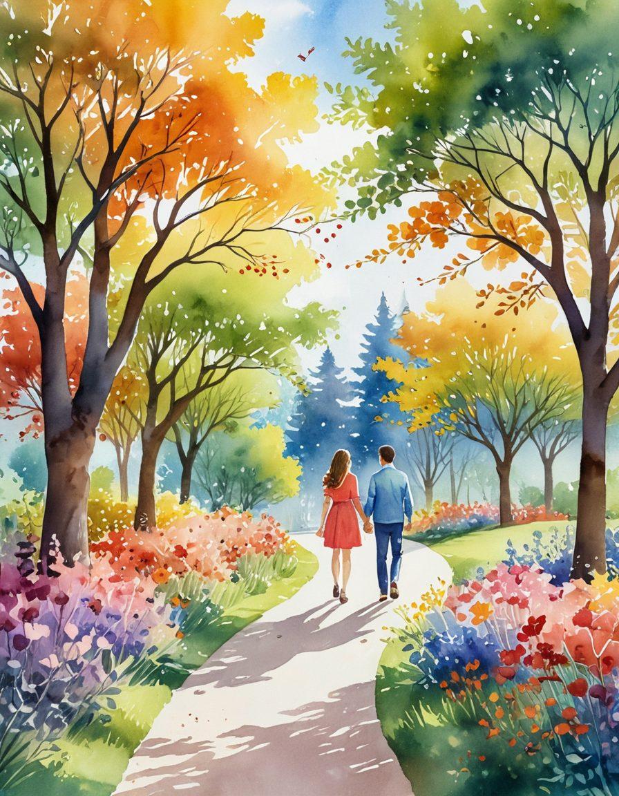 A whimsical illustration of a couple walking hand-in-hand along a winding path, surrounded by vibrant heart-shaped trees and romantic, colorful flowers. In the background, friendly animals symbolize connection and companionship, while a clear sky infuses the scene with warmth and positivity. The couple should look engaged in conversation, portraying a sense of intimacy and joy. watercolor style. vibrant colors. enchanting atmosphere.