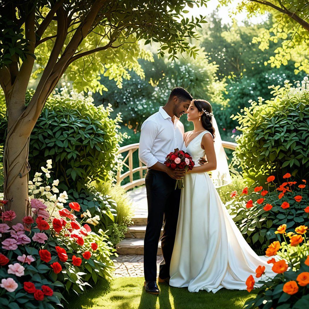 A serene scene depicting a diverse couple sharing an intimate moment amidst a lush, tranquil garden, surrounded by blooming flowers symbolizing love and connection. Soft, warm sunlight filters through the leaves, casting a gentle glow on their faces while they share a heartfelt conversation. Illustrate elements of trust and understanding with subtle visual metaphors, like intertwined vines or a bridge representing emotional connection. super-realistic. vibrant colors. peaceful ambiance.